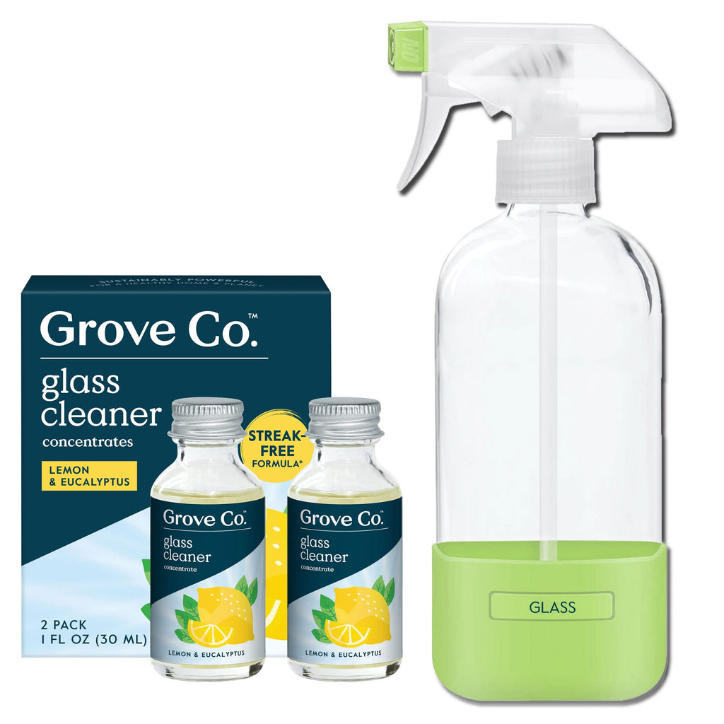 Grove Co. Glass Cleaner Refill Concentrate (2 x 1 Fl Oz) + 1 x Reusable Glass Spray Bottle (16 Oz) Plant-Based Cleaning Supplies Bundle No Plastic Waste 100% Natural Lemon & Eucalyptus Fragrance