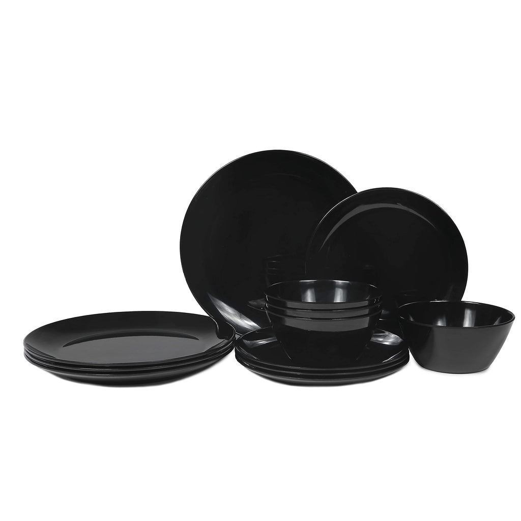 Black Dinnerware Sets - 12pcs Melamine Plates and Bowls Sets RV Dinner Dishes Set Service for 4