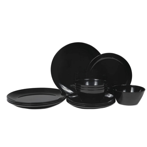 Black Dinnerware Sets - 12pcs Melamine Plates and Bowls Sets RV Dinner Dishes Set Service for 4