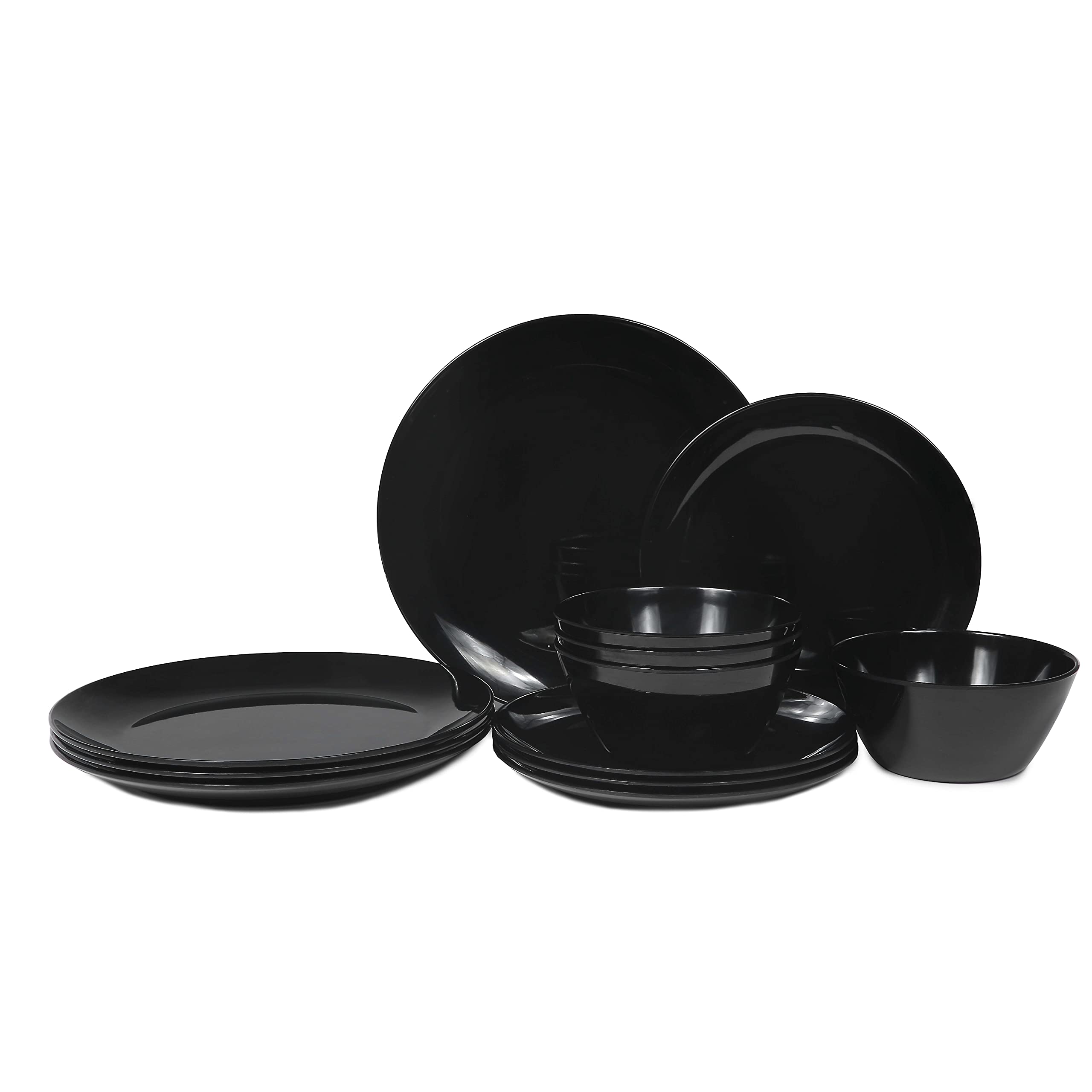 Black Dinnerware Sets - 12pcs Melamine Plates and Bowls Sets RV Dinner Dishes Set Service for 4