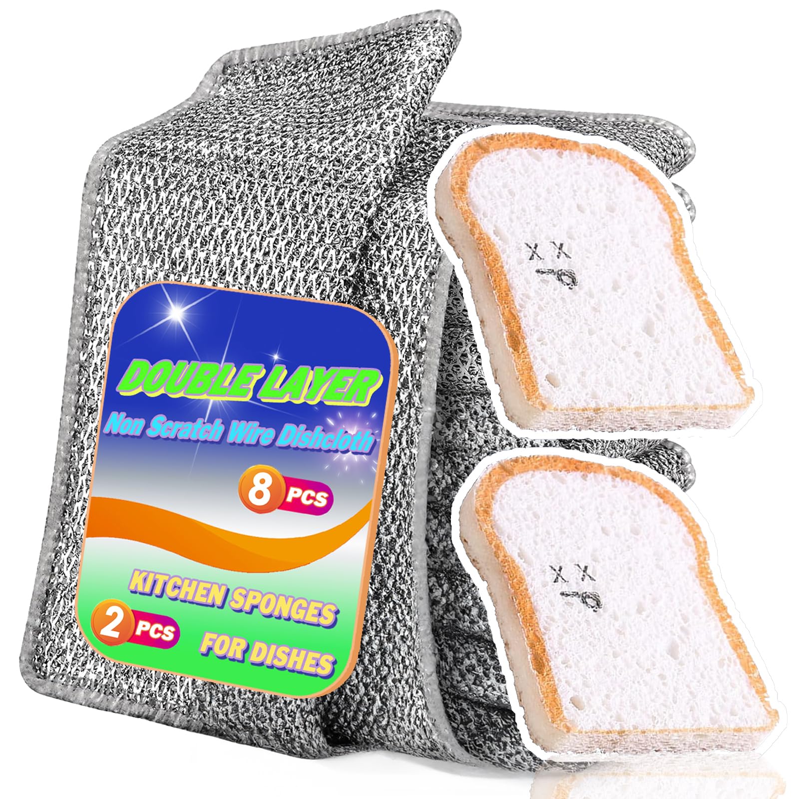 Non Scratch Wire Dishcloth 8 Pack with 2pcs Kitchen Sponges for Dishes Double Layer Wire Dish Washing ClothPowerful Cleaning Non-Scratch Wire Dishcloth Rag for Cookware Sinks Dishes Stove Tops