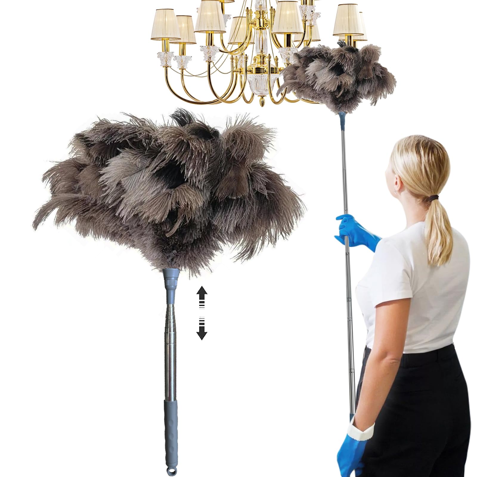 Ostrich Feather Duster with 80 in Extension Pole for Cleaning Fluffy Ostrich Feathers with Handle Reusable Handheld Cleaning Supplies (Gray)