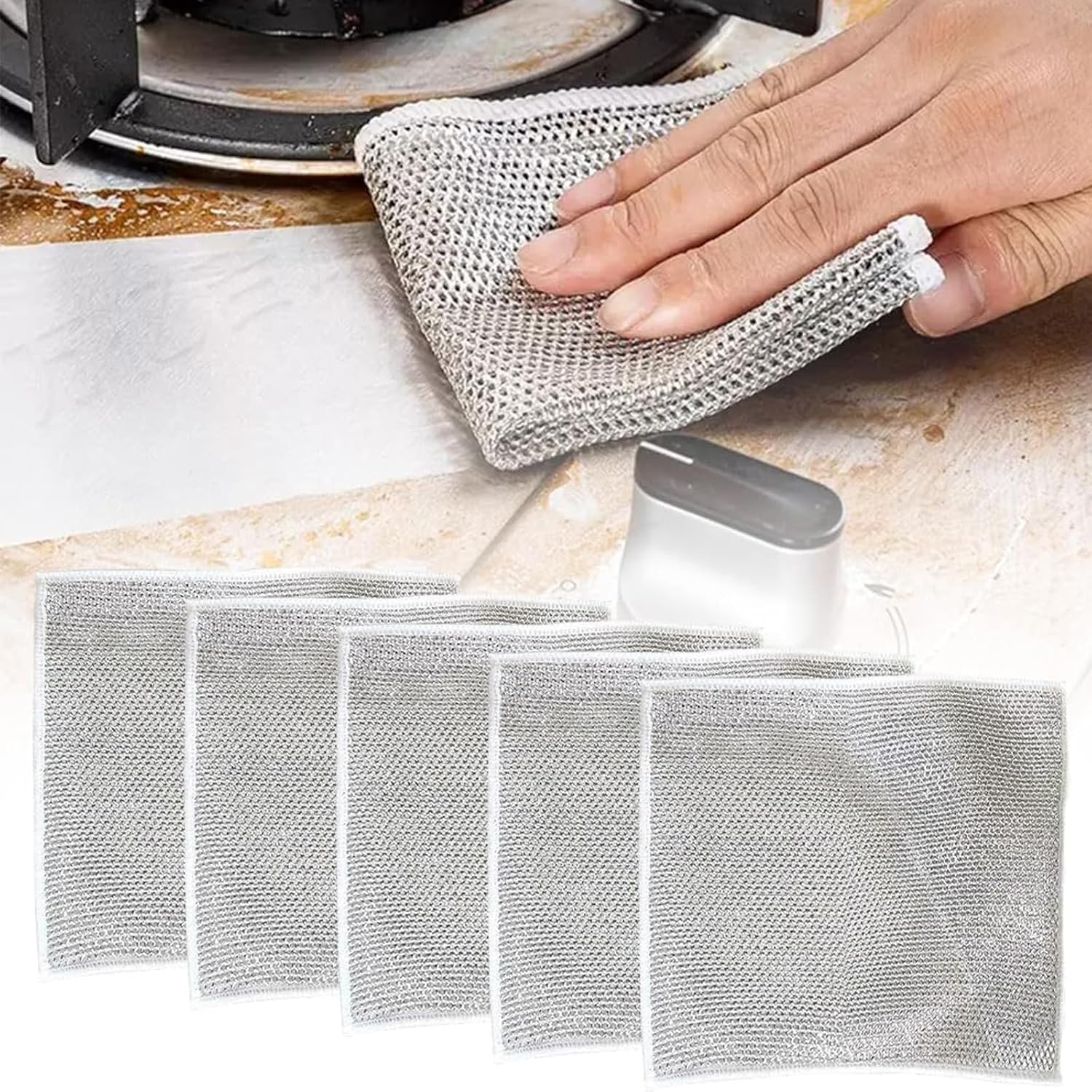 HORSCHE 2024 Multipurpose Wire Dishwashing Rags Upgrade Non-Scratch Cleaning Cloths for Wet and Dry Use Reusable Pads for Dishwashing and Kitchen Cleaning Supplies (5pc)