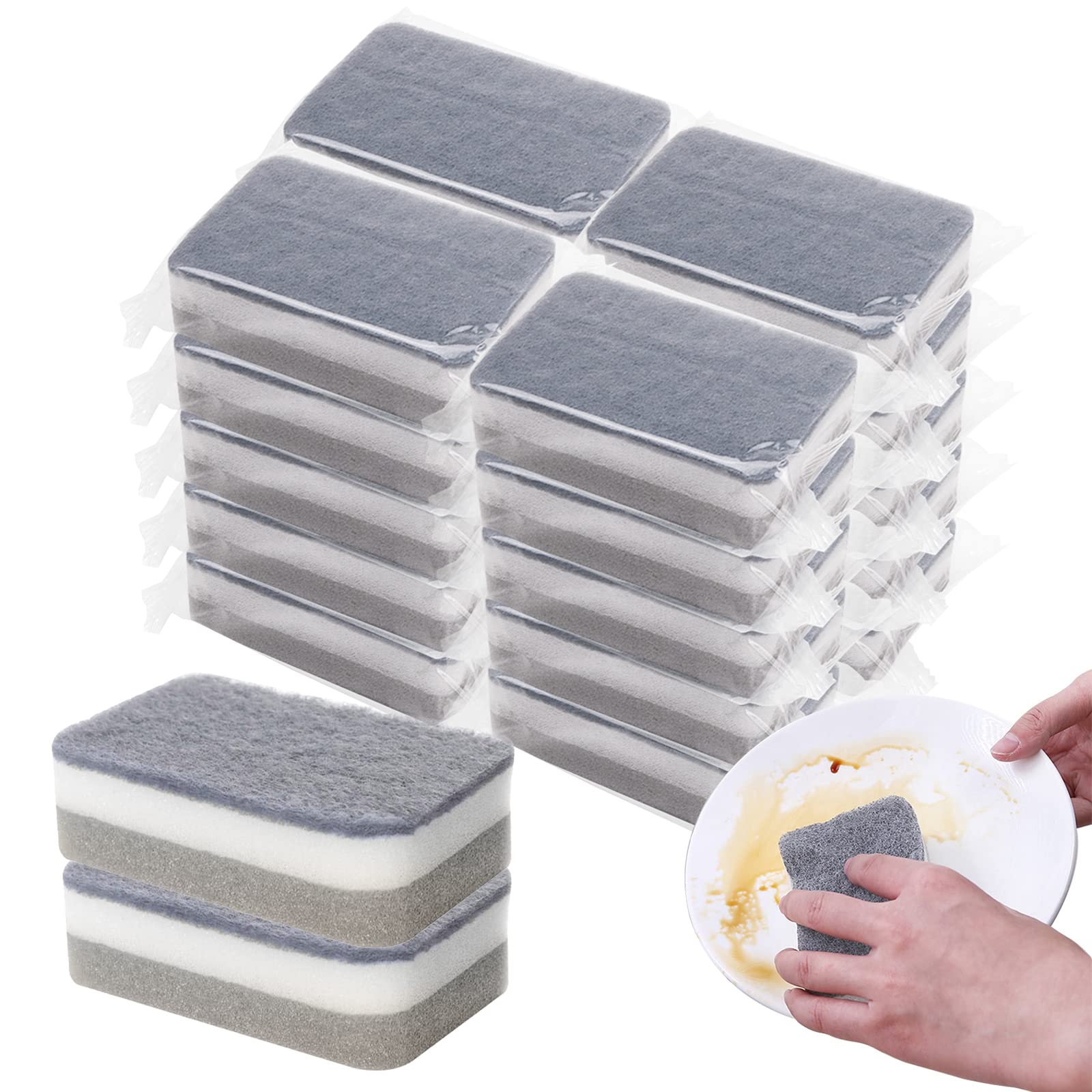 Individually Wrapped Sponges 20 Pack Kitchen Dishwashing Sponge Bulk Non Scratch Dishes Scouring Pad Dishcloth Odor-Free Sponge Wipes for Household Cleaning Dishes Travel Apartments - Grey