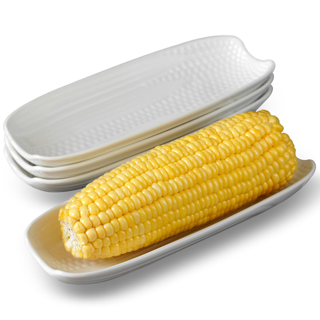 Cinf Ceramic Corn Cob Holders 8.8" Corn Dishes Set of 4 White Dishes Non-slip Bottom Microwave Dishwasher Oven Safe
