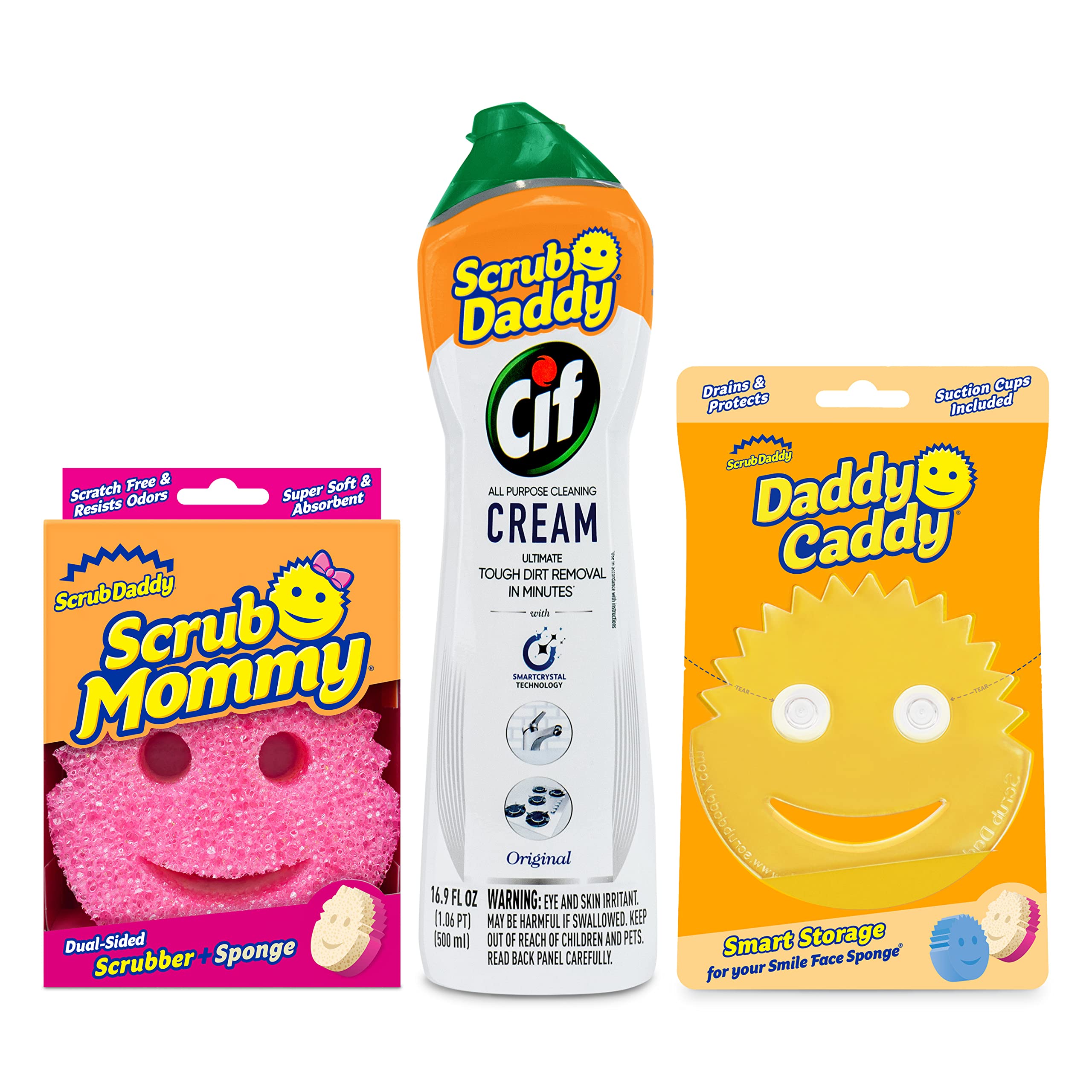 Scrub Daddy Scrub Mommy Daddy Caddy + Cif All Purpose Cleaner - Scratch-Free Dual-Sided Kitchen + Bathroom Scrubber + Multipurpose Cleaning Cream - Cleaning Supplies Kit for Multiple Surfaces