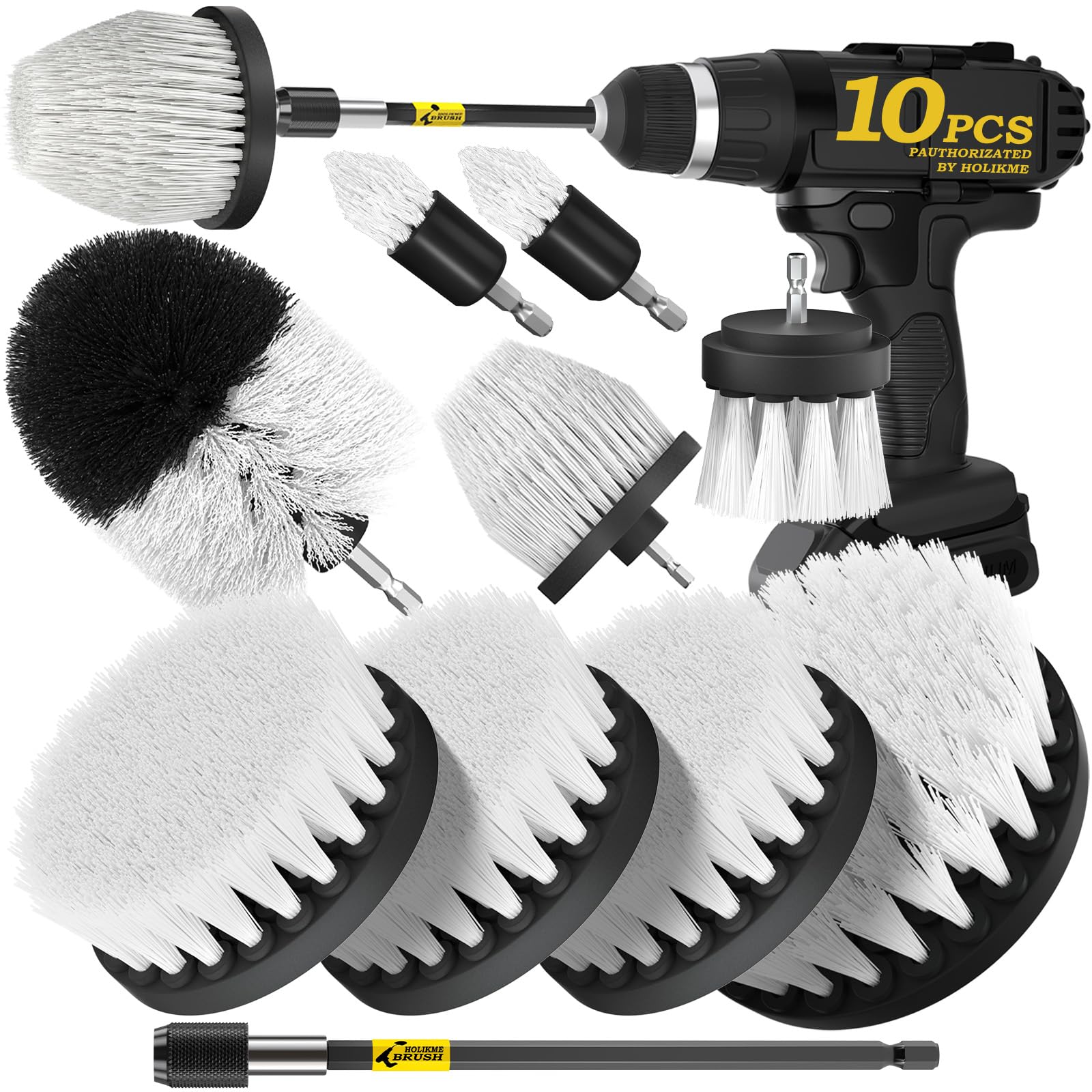 Holikme 10Pieces Drill Brush Attachments Set Power Scrubber Brush with Extend Long Attachment，Scrub Brush，Shower Scrubber，Cleaning Supplies，Bathtub Bathroom KitchenWhite